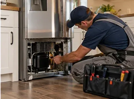 Technician repairing a refrigerator in a home kitchen