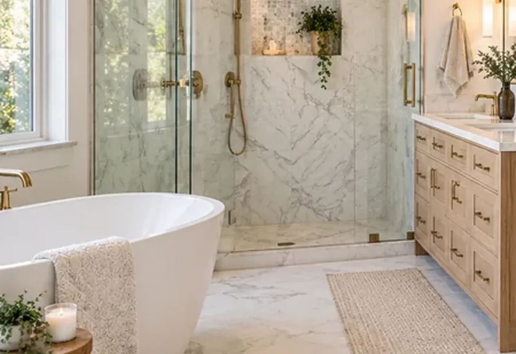 Bathroom with a freestanding tub and glass shower