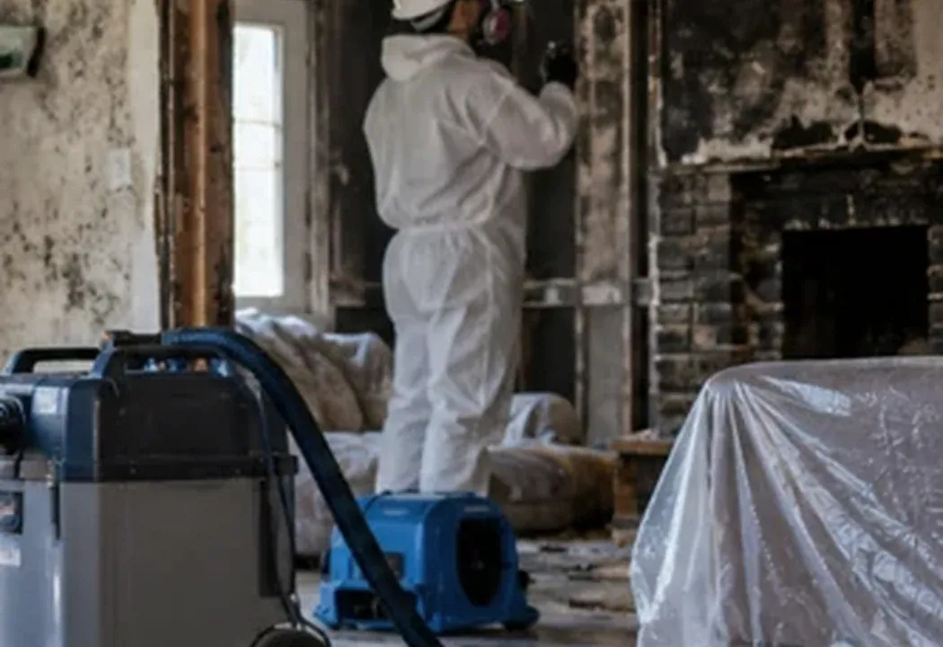 Restoration technician with drying equipment in a fire-damaged room