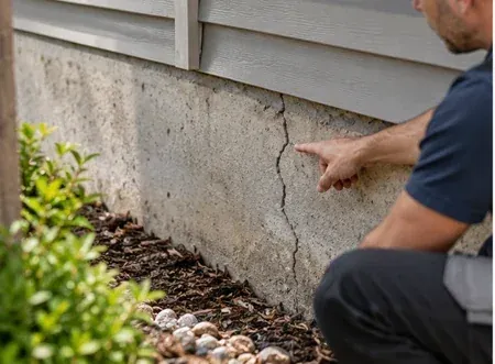 Technician inspecting a crack in an exterior foundation wall