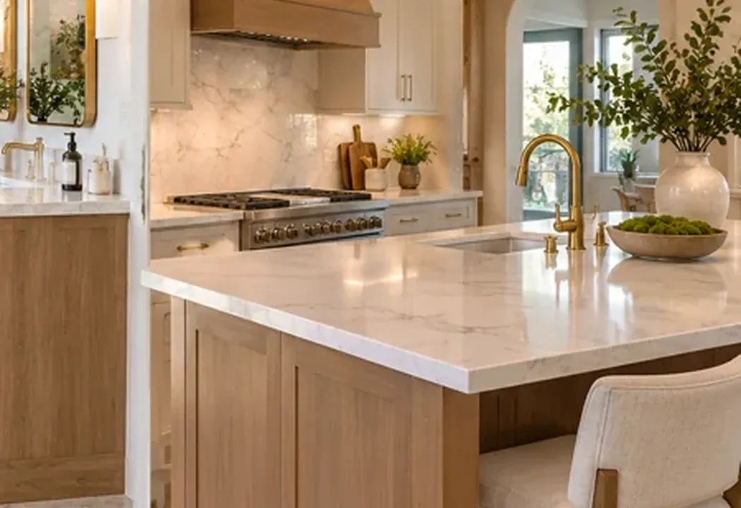 Kitchen with an island, cabinets and countertop workspace