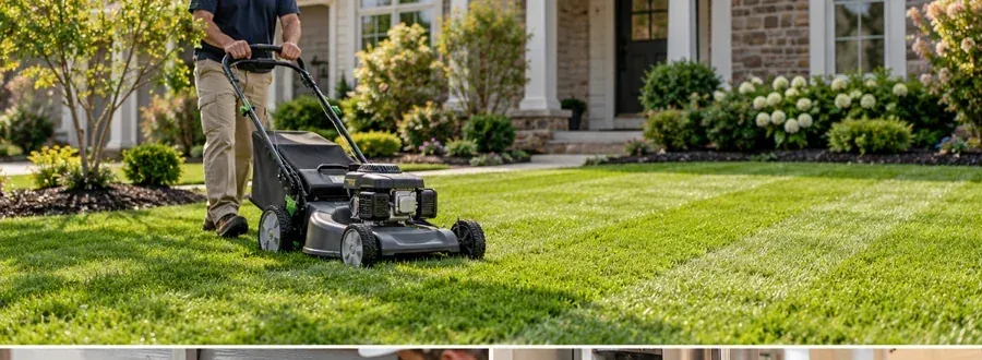 Lawn mower on the grass outside a home