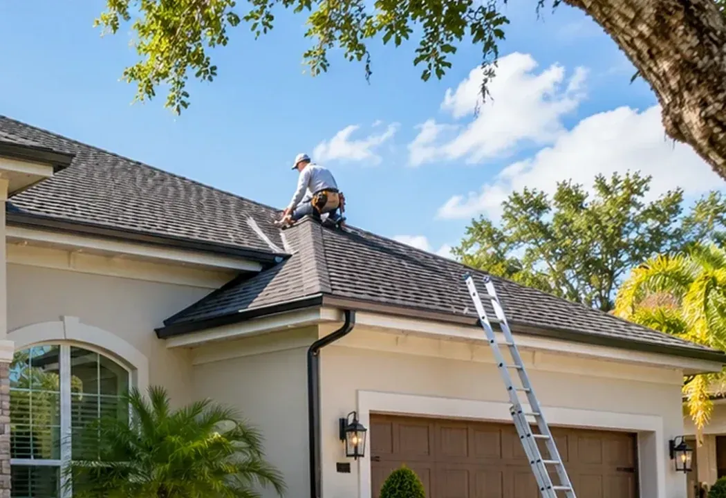Worker inspecting the roof of a Florida-style home