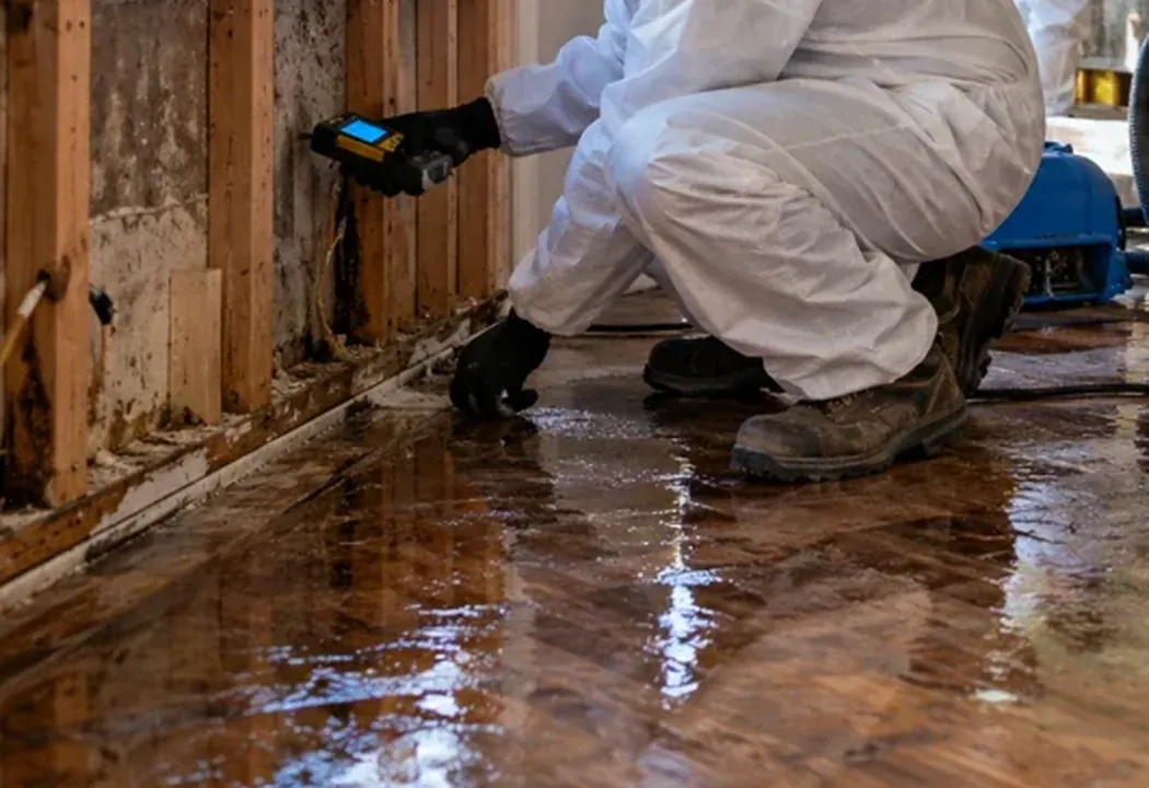 Water cleanup technician beside wet flooring and exposed walls
